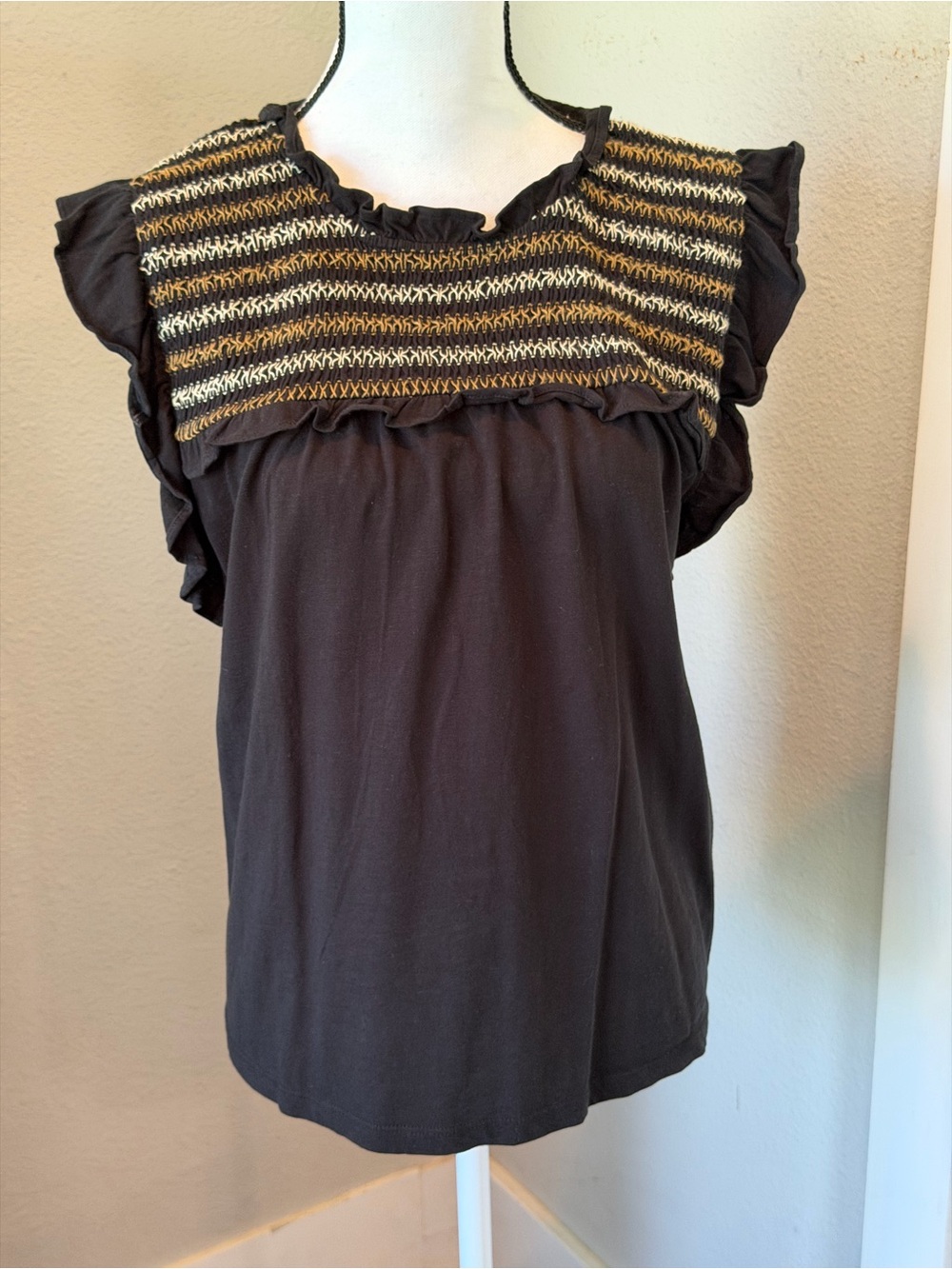 J. Crew Black Ruffled Yoke Top with Metallic Stripe Detail